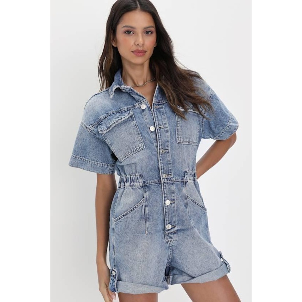 We The Free Free People Marci Cuffed Shortall Denim Romper Light Wash XS